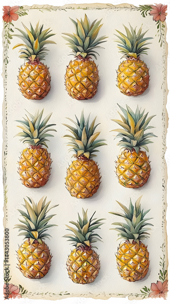 Nine watercolor pineapples displayed against a white background with floral decorations around the edge Nine watercolor pineapples displayed against a white background with floral decorations around the edge