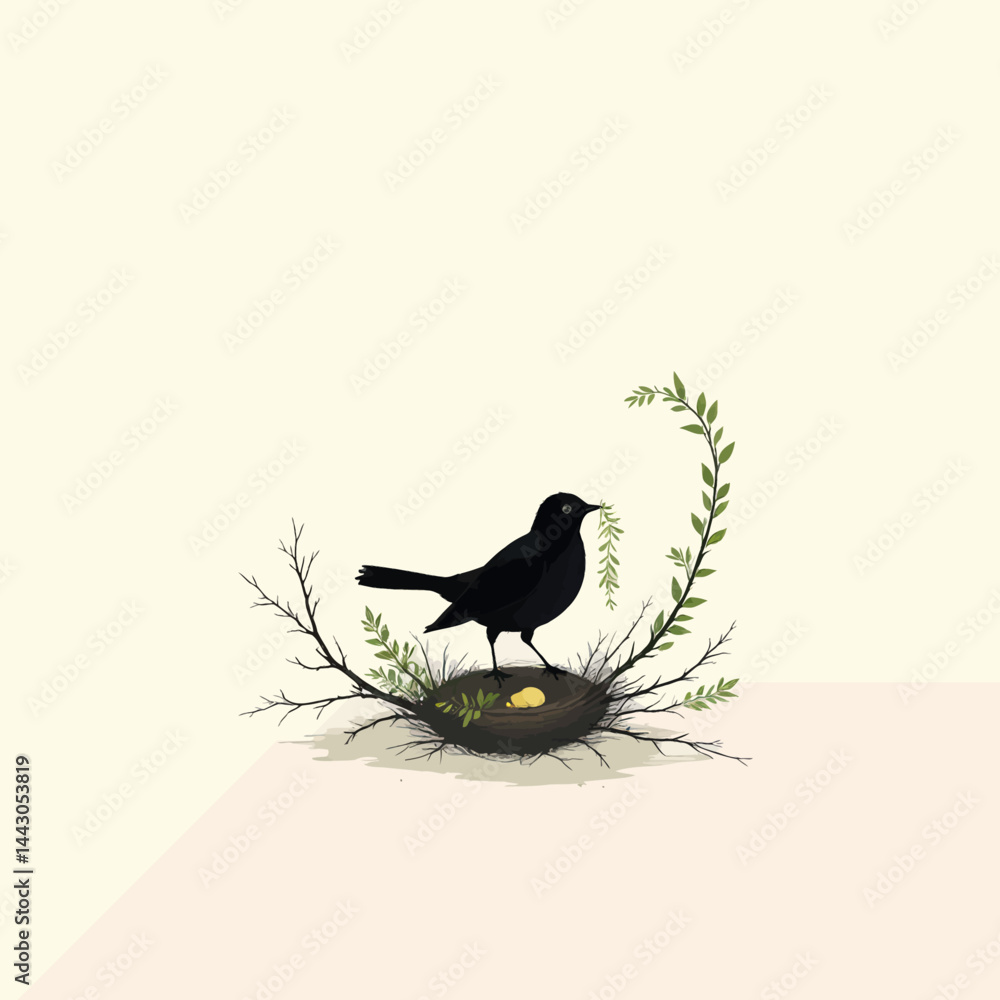 Blackbird with Foliage at Nest with Single Egg