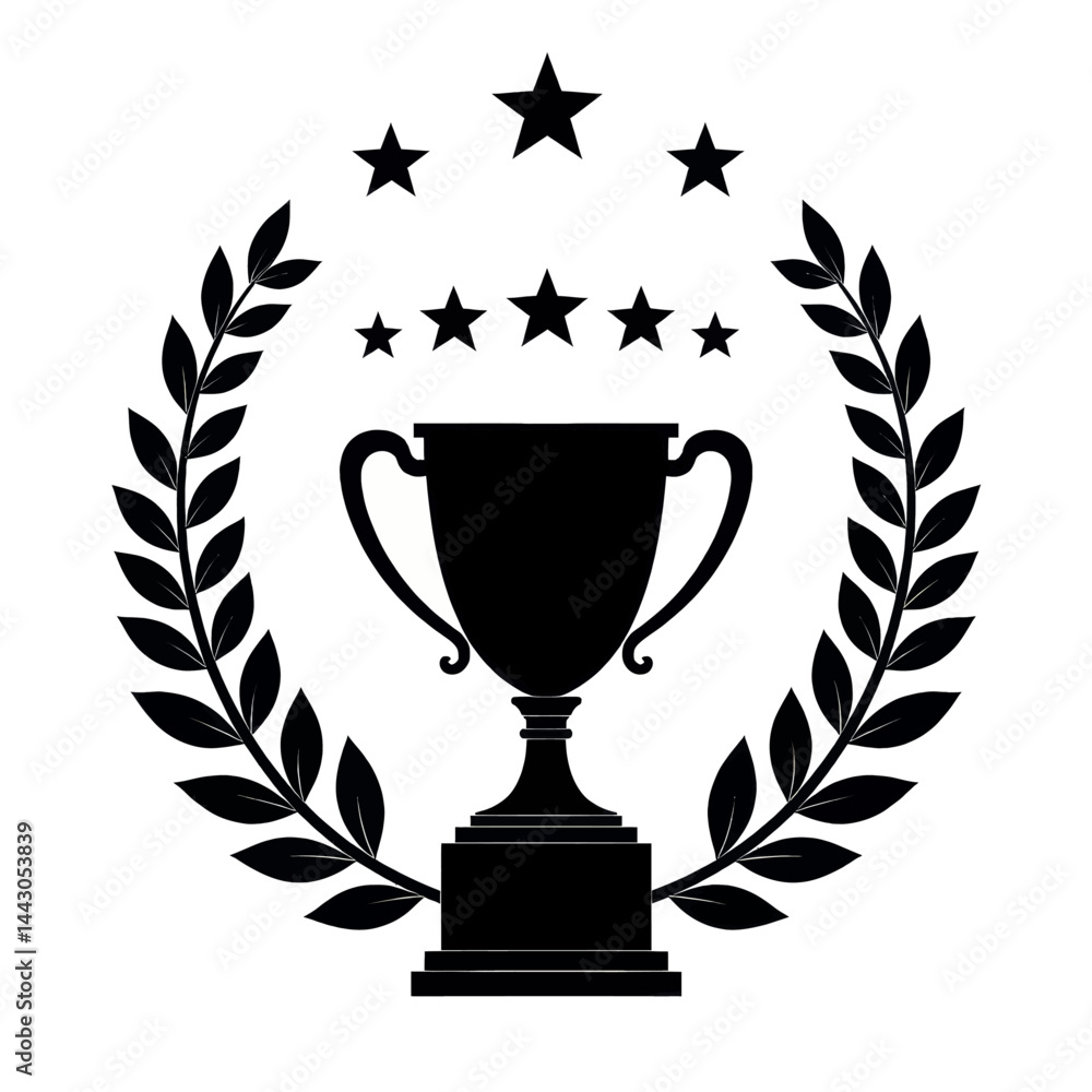 Black trophy with laurel wreath and stars, achievement icon