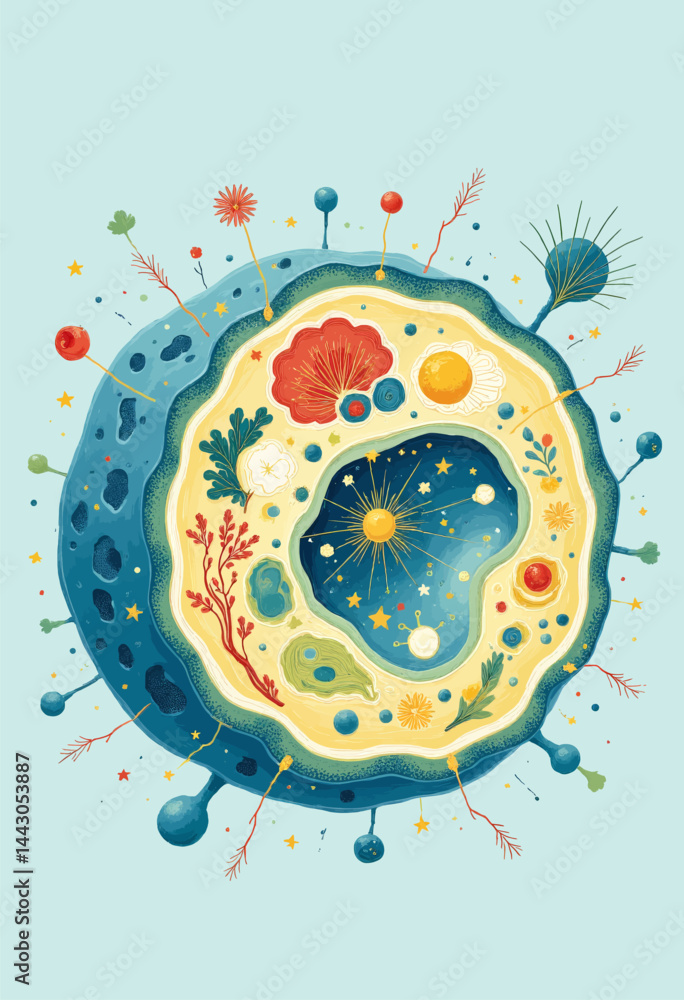 Blue and Yellow Cell with Stars and Flowers