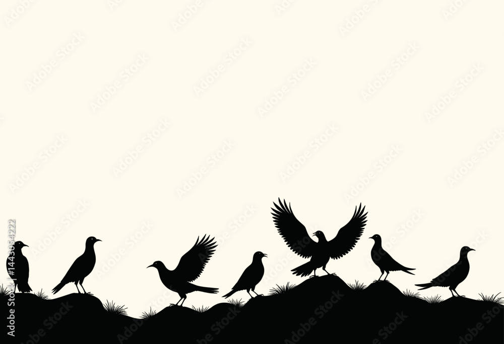 Black Bird Silhouettes on Hill with One Spreading Wings