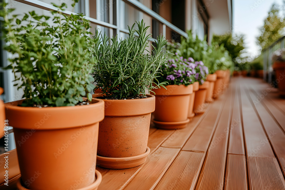 Fototapeta premium Terracotta pots filled with herbs and flowers line a modern balcony, showcasing a vibrant urban garden.