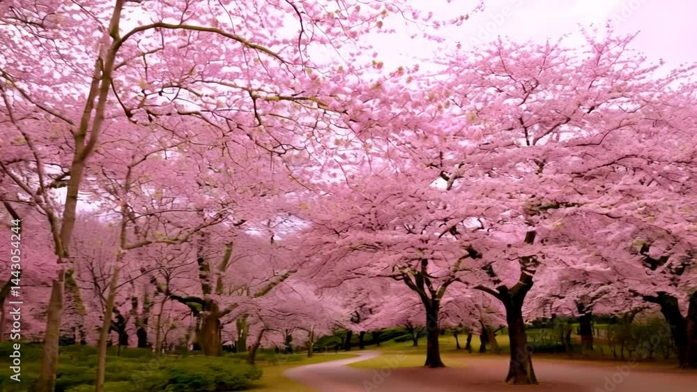 Beautiful park scene with cherry blossoms in full bloom during springtime Beautiful park scene with cherry blossoms in full bloom during springtime