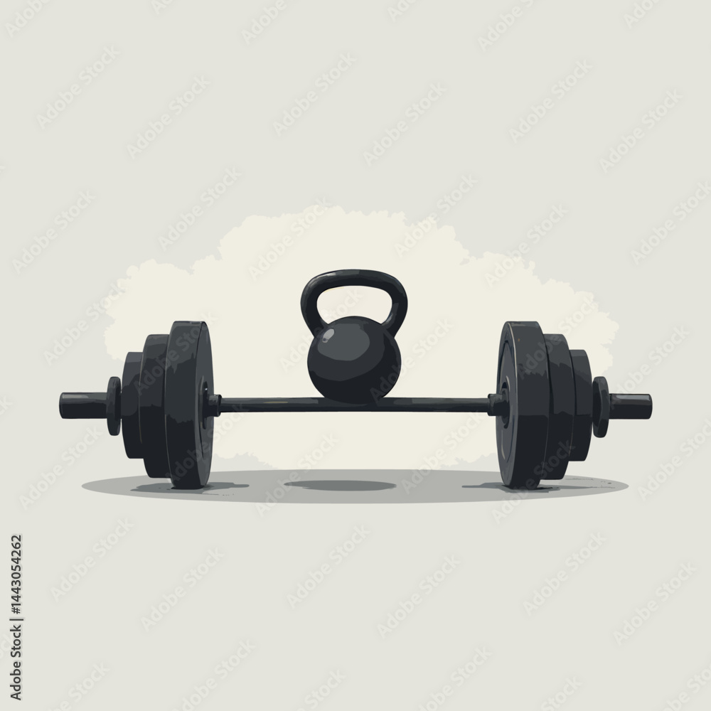Black barbell and kettlebell for strength training