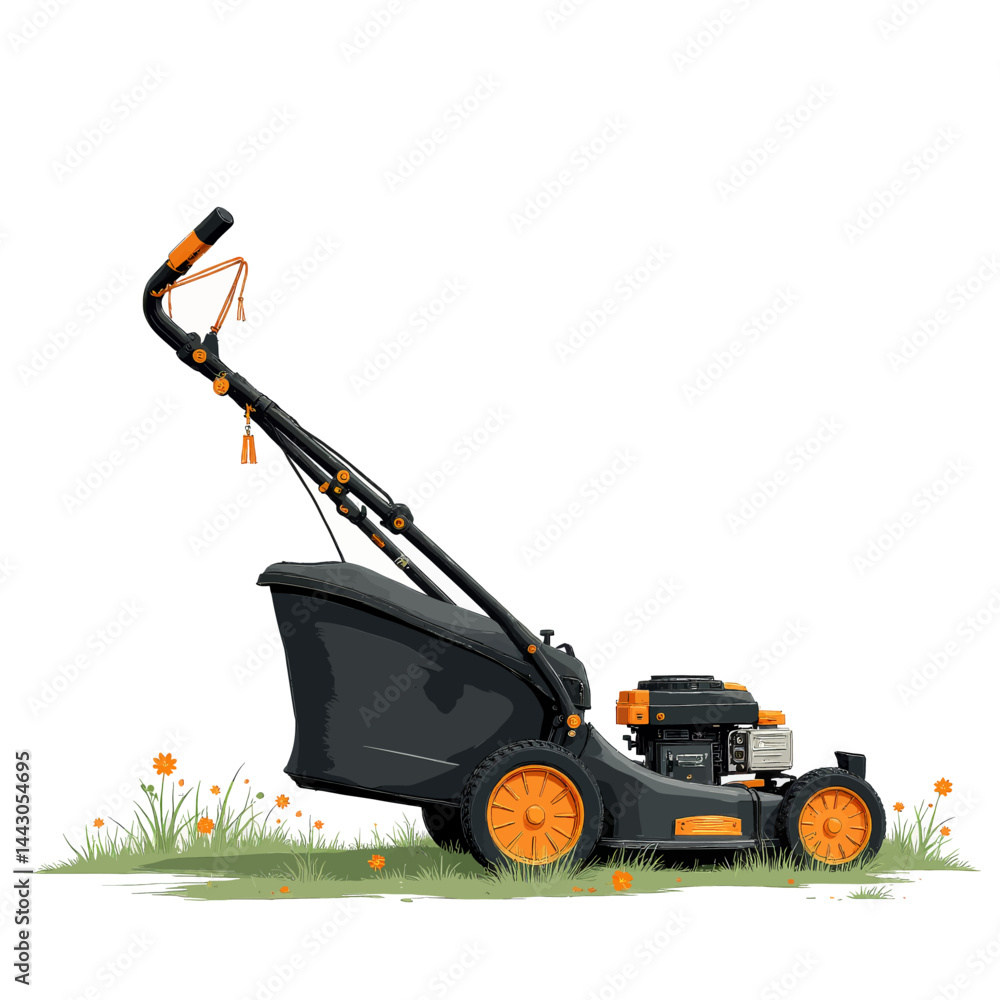 Black and Orange Lawn Mower with Flowers