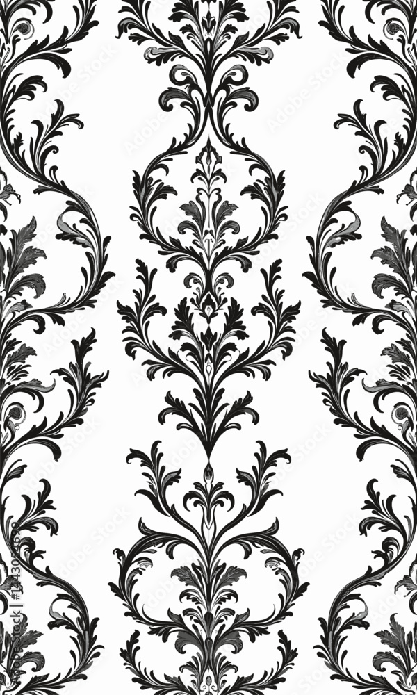 Black and White Damask Pattern Wallpaper Design