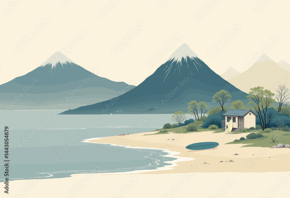 Beach Cabin with Surfboard and Mountain View