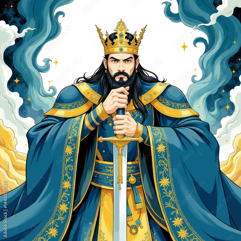 Bearded king with sword, blue robes, and golden crown