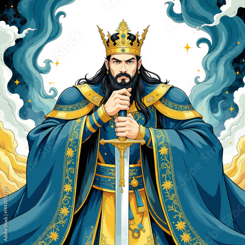 Obraz na płótnie Bearded king with sword, blue robes, and golden crown w salonie