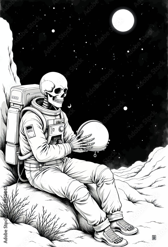 Astronaut Skeleton Contemplates Space and Mortality