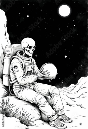 Obraz na płótnie Astronaut Skeleton Contemplates Space and Mortality w salonie