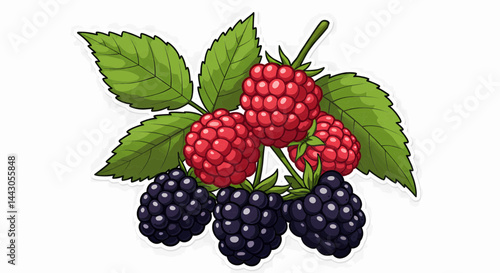 Vector illustration with bold, cartoonish lines and thick black lines on a transparent background: The image shows a bunch of berries and leaves.