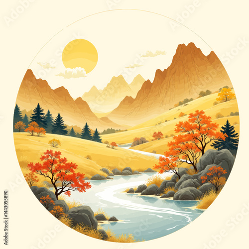 Obraz na płótnie Autumn landscape with river, mountains, and golden sun w salonie