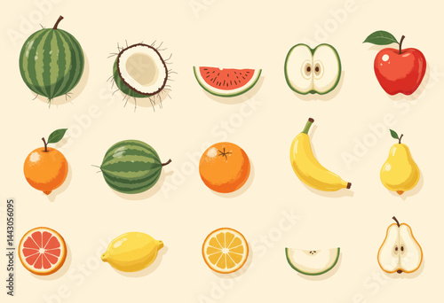 Obraz na płótnie Assorted Fruit Illustration: Watermelon, Coconut, Apple, Banana w salonie