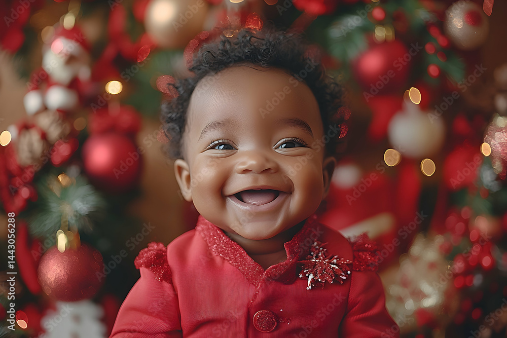 Happy child dressed in red festive attire smiles for the holiday season in front of blurred ornaments Happy child dressed in red festive attire smiles for the holiday season in front of blurred ornaments