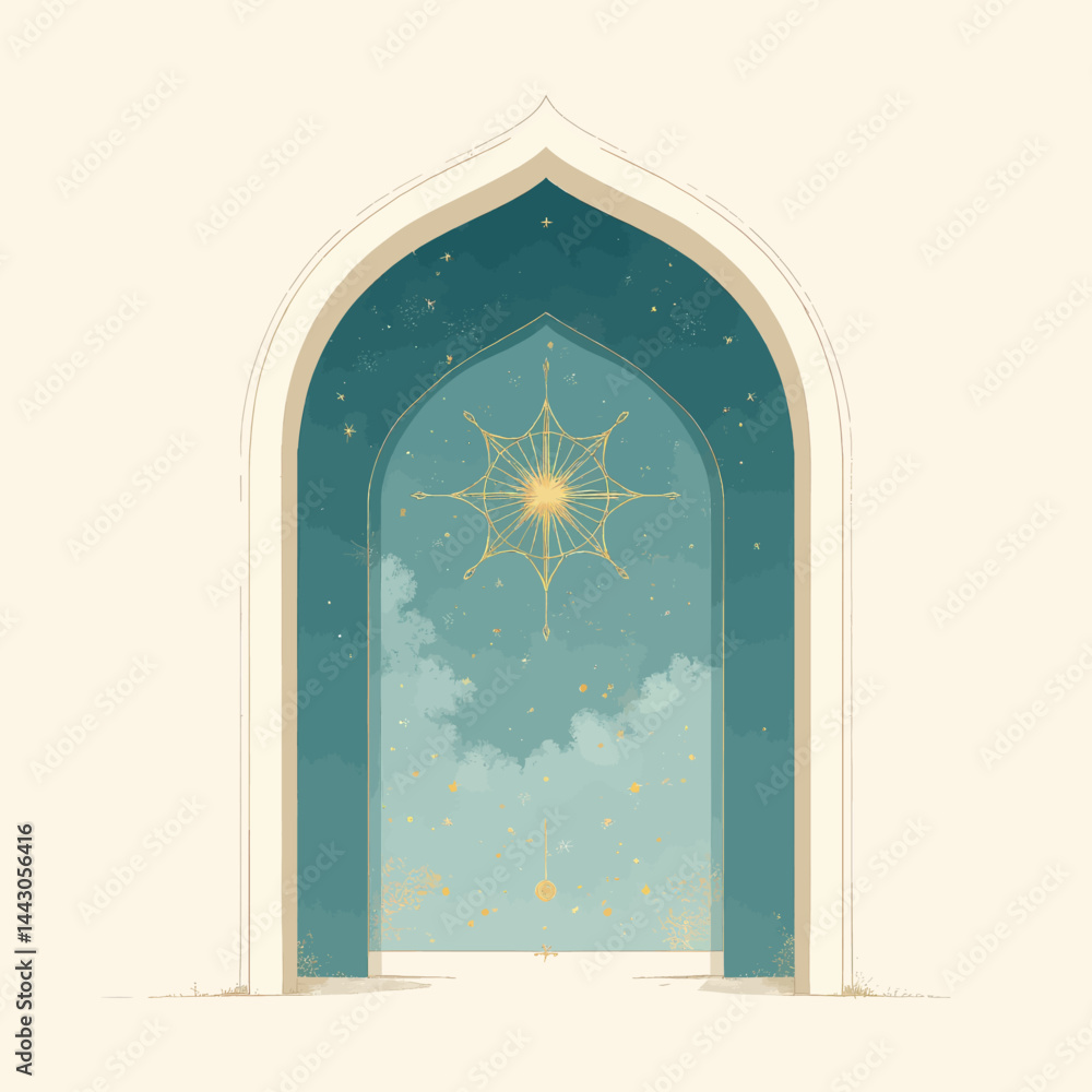 Arched doorway with celestial star design and blue sky