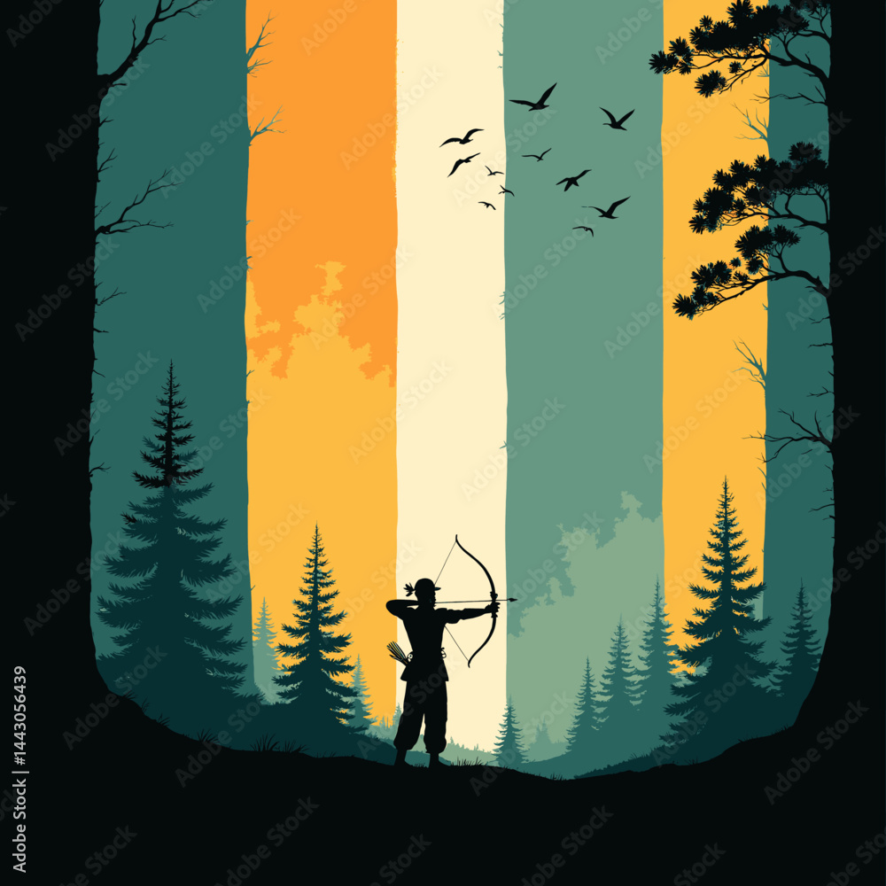 Archer Silhouette Forest with Birds and Colorful Stripes