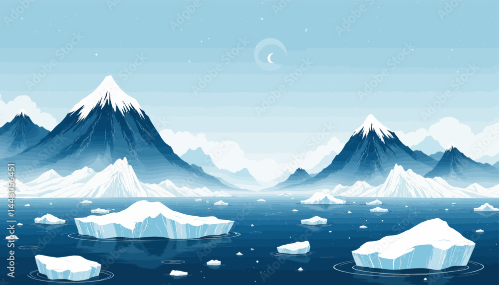 Arctic Landscape with Icebergs and Snowy Mountains