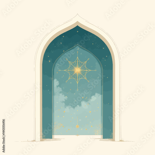 Obraz na płótnie Arched doorway with celestial star design and blue sky w salonie