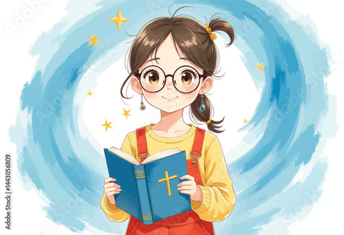 Obraz na płótnie Anime girl reading blue book with golden cross detail w salonie