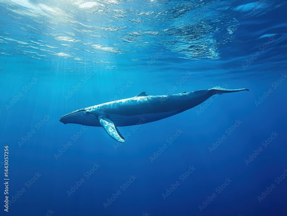 Naklejka premium Majestic blue whale gracefully swimming in the deep ocean under sunlight rays creating a serene underwater scene with a clear blue background and a low angle view