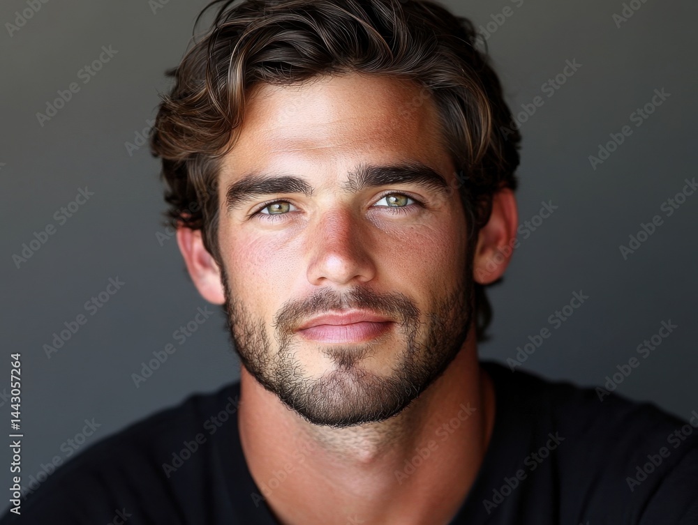 Close up portrait of a handsome man with green eyes and dark hair staring intently into the camera against a gray background in a studio setting Close up portrait of a handsome man with green eyes and dark hair staring intently into the camera against a gray background in a studio setting