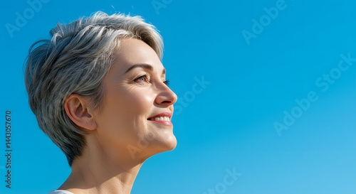 Woman Smiling Looking Up at Blue Sky Hope and Positivity