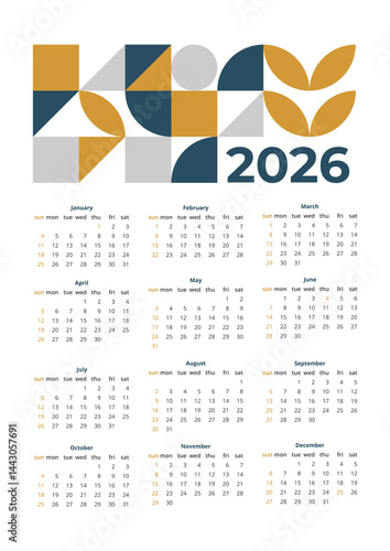 Modern Abstract Geometric Calendar 2026. Minimalistic Wall Calendar Template With Geometric Shapes