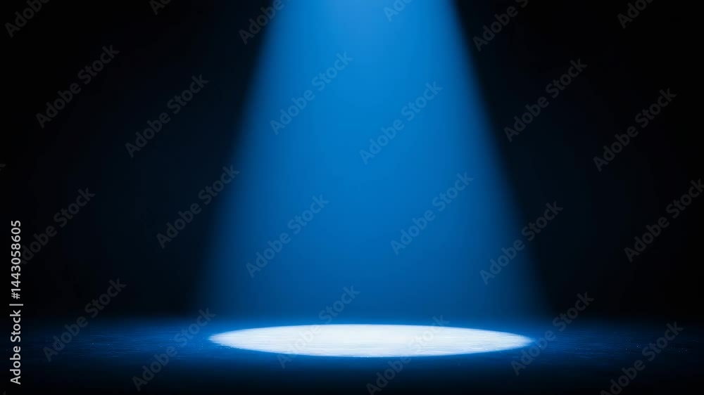 Blue Spotlight on Empty Stage - A dark blue stage is illuminated by a single spotlight from above, creating a dramatic and mysterious atmosphere. The light casts a subtle glow on the floor