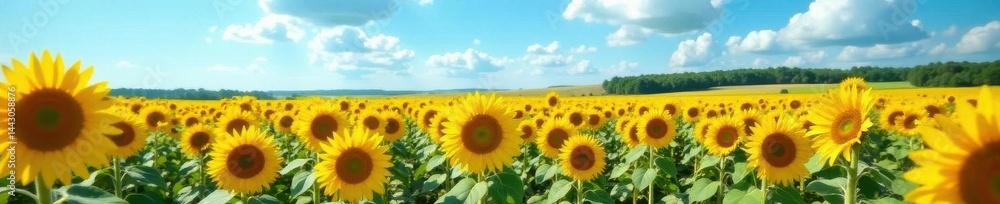 Fototapeta premium Sunflowers blooming in vast field under blue sky, golden, flora