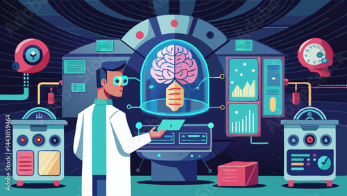 A man in a lab coat is looking at a brain. The brain is in a glass case. The lab is filled with various machines and equipment