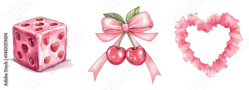 Set of coquettes elements in pink tones. Flirty elements of cherry with bow and sparkles, pink gambling cube with hearts and heart frame with ruffles. Vintage glamour elements in pink tones.