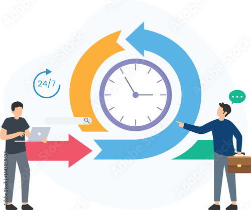 Two businessmen are managing time and workflow using agile methodology, working 24/7 to optimize project development and achieve business goals


