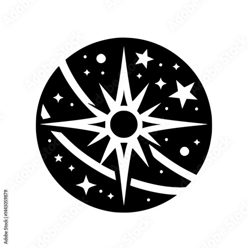 Mystical Star Compass Circle Graphic Illustration - Celestial Navigation Symbol in Abstract Cosmic Style