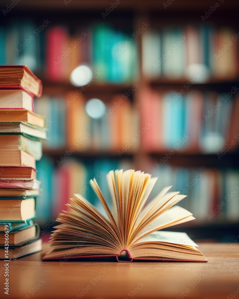 Fototapeta premium Open book on wooden table with blurred bookshelf background evokes a sense of knowledge and learning in a library setting with warm lighting and a vintage style