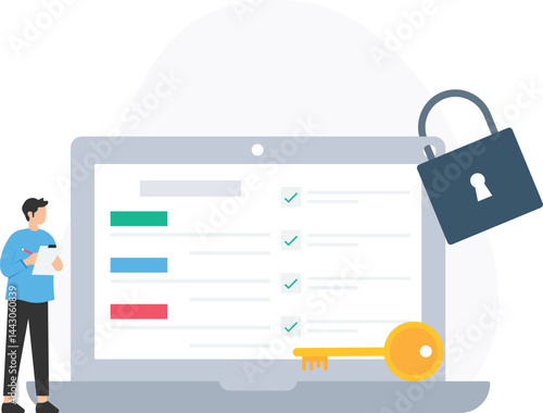 Programmer is securing a computer by checking items on a checklist, using a key and a padlock, enhancing online safety and data protection

