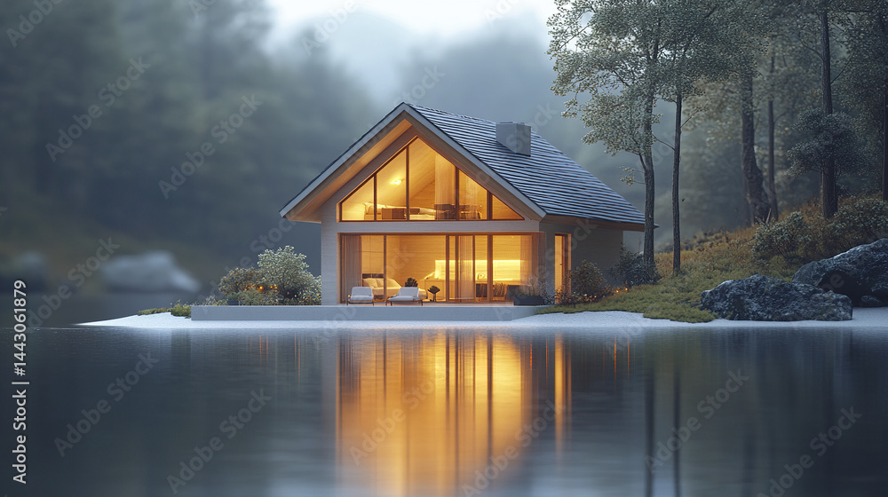 serene modern house by tranquil lake, surrounded by lush trees and soft lighting serene modern house by tranquil lake, surrounded by lush trees and soft lighting