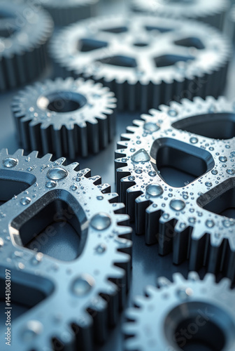 Generative AI Wet Metallic Gears Interlocked Close-up gear metal water droplets cog machinery silver closeup mechanism technology precision teamwork engineering innovation