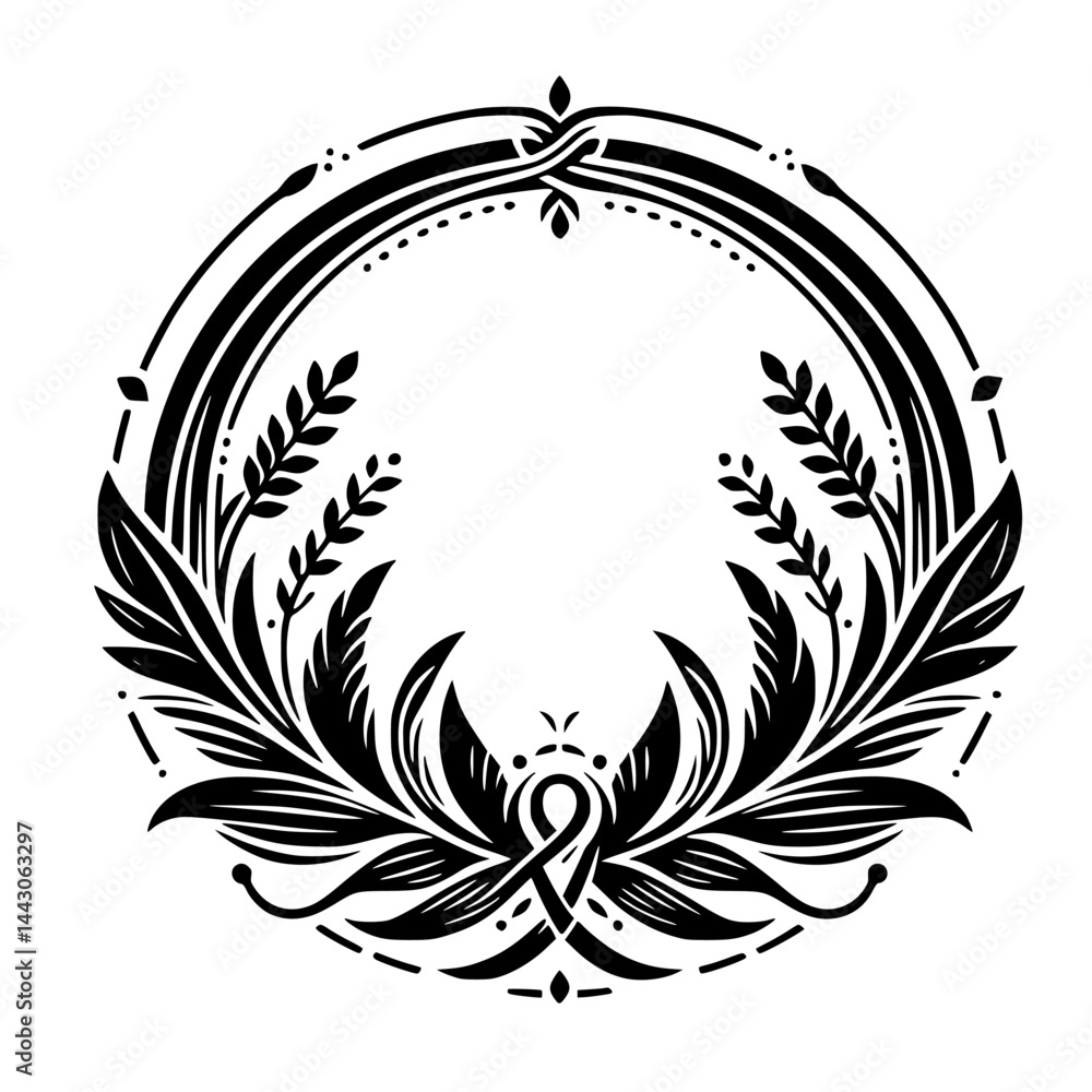 Fototapeta premium Graphic Black and White Circular Frame with Elegant Stylized Floral and Leaf Wreath Design