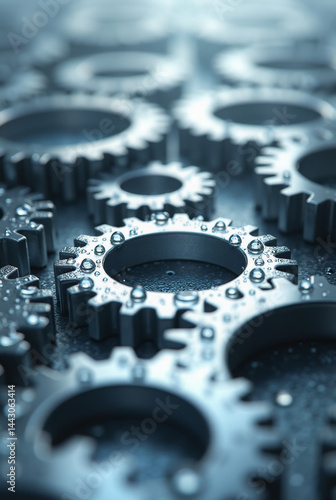 Generative AI Metallic Gears with Water Droplets gear gears metal silver water droplets mechanism cog closeup industrial precision technology innovation connection movement