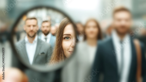 Focused Young Woman in Crowd Seen Through Magnifying Glass Lens