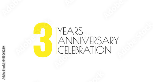 Celebrating three years: anniversary celebration with yellow number and thin black letters on a clean white background.