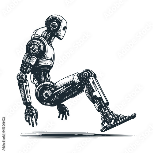 Floating humanoid robot – Black and White Icon Vector and Illustration