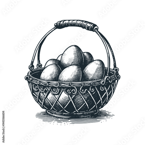 A number of eggs in a wire basket – Black and White Icon Vector and Illustration