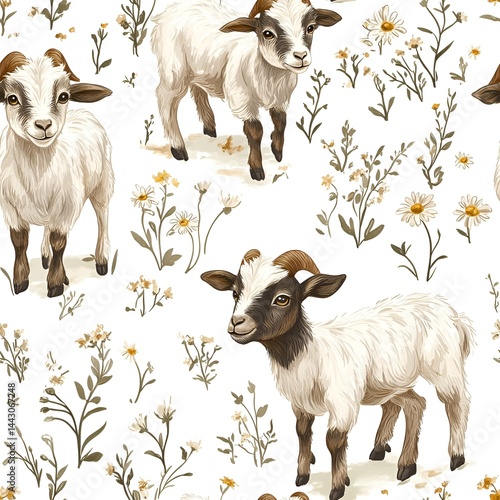 Seamless pattern of so cute goat cartoon with flower and leaf. Generative AI