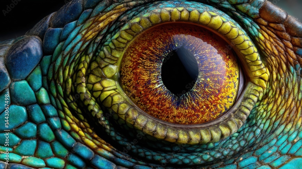 Obraz premium Reptilian Eye: Vibrant Scales and Intense Gaze