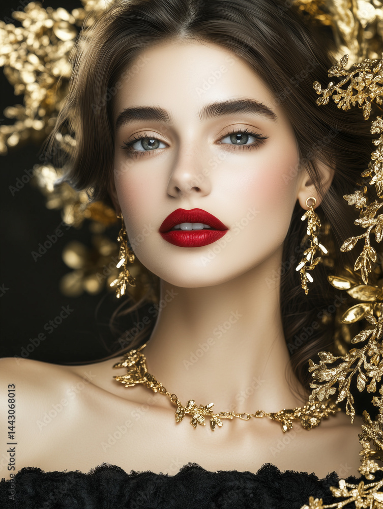 Fashion model wearing gold jewelry and red lipstick posing on black background