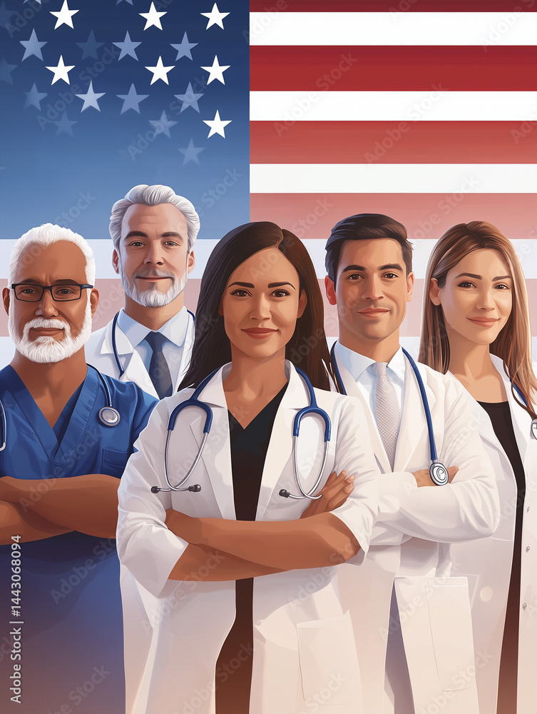 American doctors posing with pride in front of united states flag