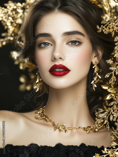 Obraz na płótnie Fashion model wearing gold jewelry and red lipstick posing on black background w salonie
