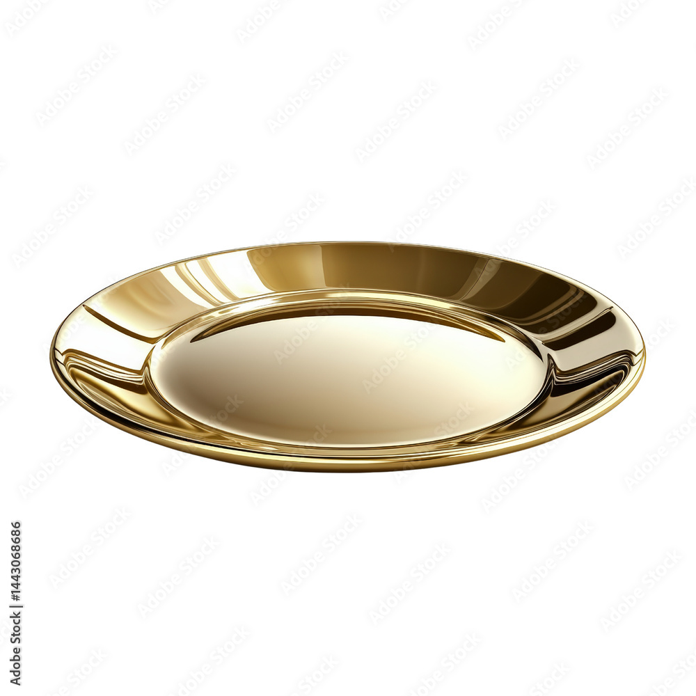 Elegant gold oval decorative plate with reflective shiny surface suitable for luxury tableware or display purposes on clean background Elegant gold oval decorative plate with reflective shiny surface suitable for luxury tableware or display purposes on clean background